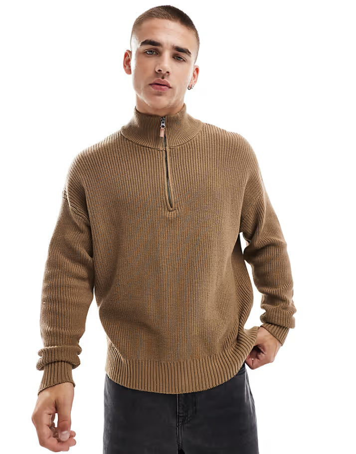 New Men's Tan Knitted Long Sleeve Polo Top