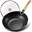 Nonstick Wok with Lid 30cm, Induction Wok Pan with Flat Bottom, 12inch Stir-Fry Pan and Non Stick Frying Pan, Removable Wooden Handle, Compatible All Stoves, Black (12421B)