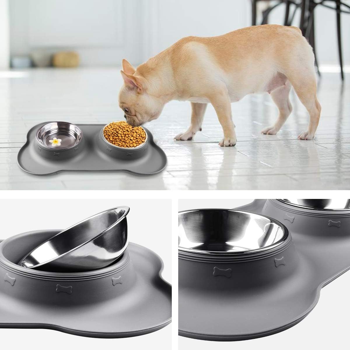 Double Dog Bowls- Stainless Steel 350ml/Bowl Puppy Water and Food Bowl with Non-skid Anti-overflow Silicon Tray Mat for Puppy Dogs, With Pet Food Shovel