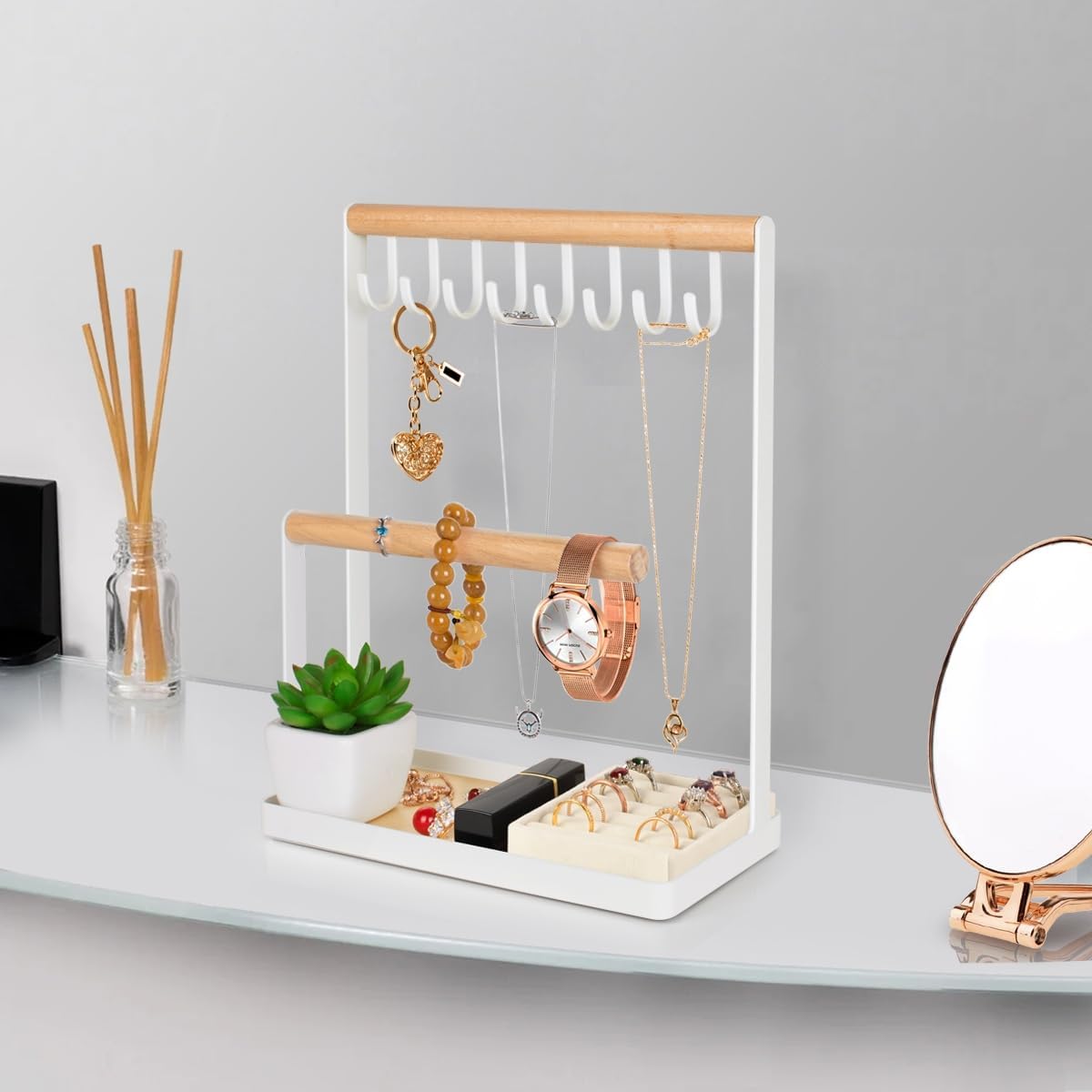 Jewelry Stand Holder, 3-Tier Necklace Hanging Wooden Ring Organizer Earring Tray, 8 Hooks Storage Necklaces, Bracelets, Rings and Watches on Desk Tabletop