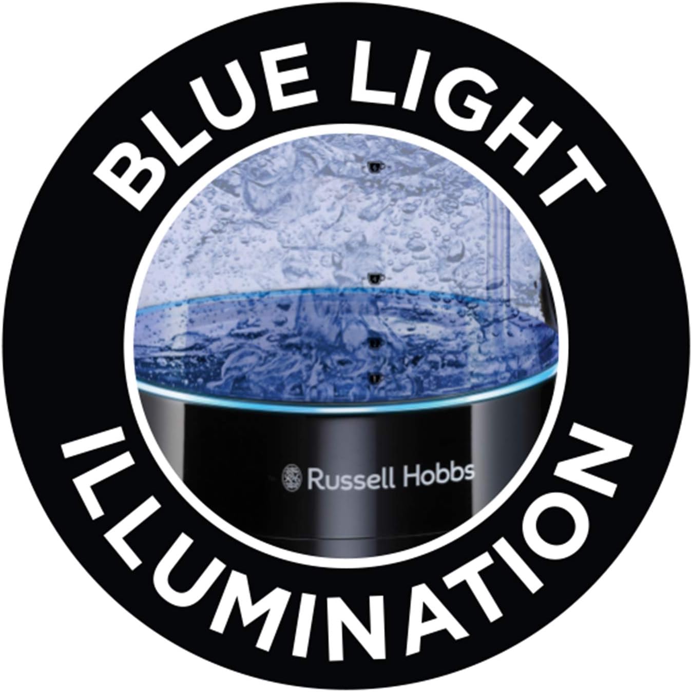 Carafe Style 1.7L Cordless Electric Glass Kettle with black handle, lid & base and blue internal illumination