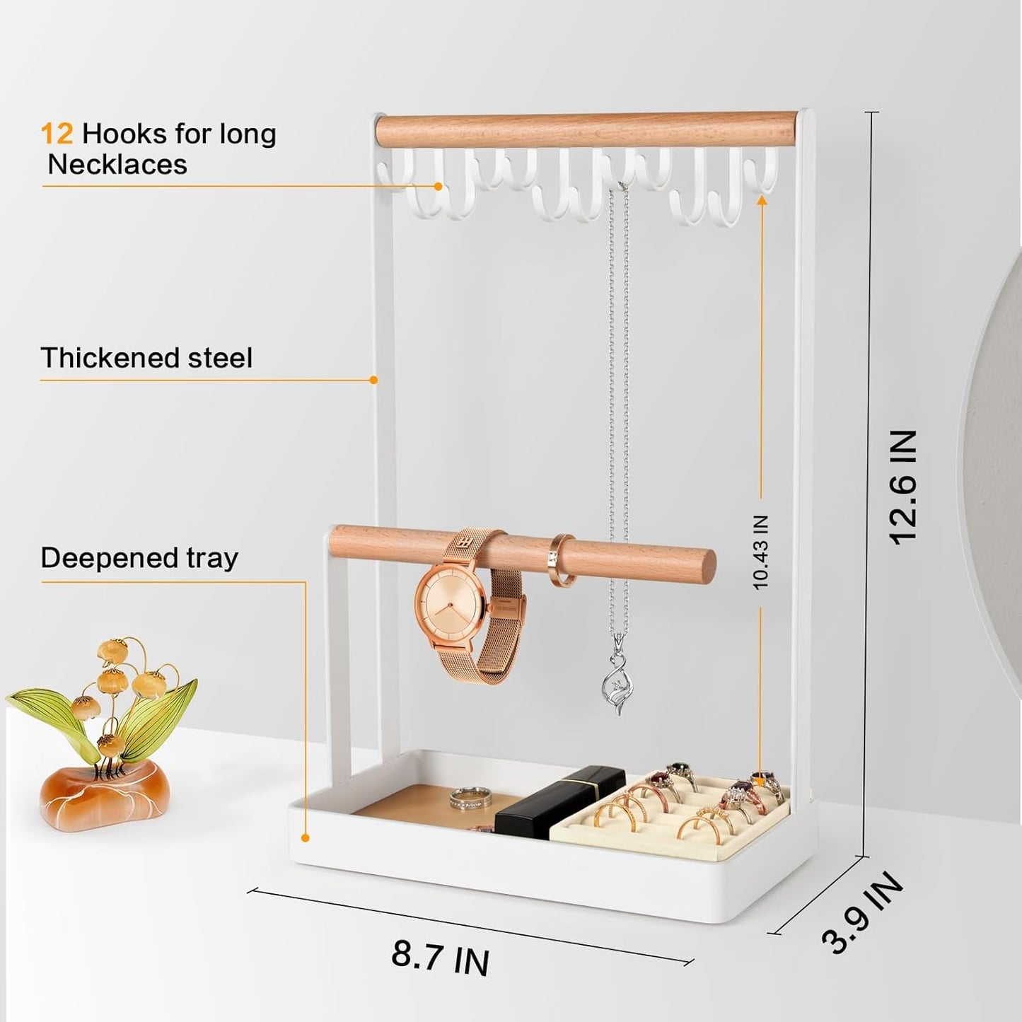 Jewelry Stand Holder, 3-Tier Necklace Hanging Wooden Ring Organizer Earring Tray, 8 Hooks Storage Necklaces, Bracelets, Rings and Watches on Desk Tabletop