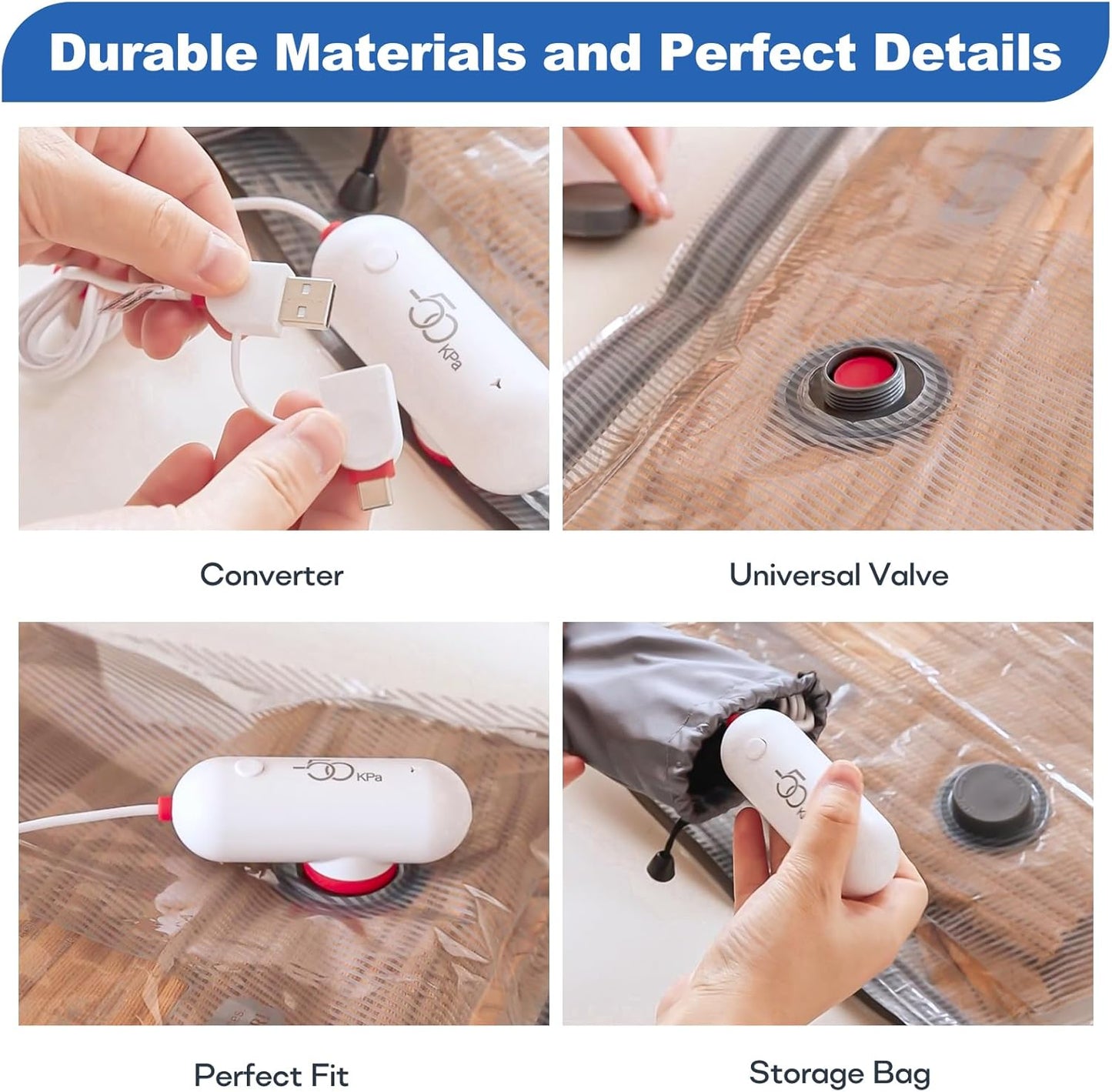 Vacuum Storage Bags for Clothes, Vacuum Bags with Electric Pump Saver Bags for Duvets, Bedding, Pillows, Clothes, Quilts