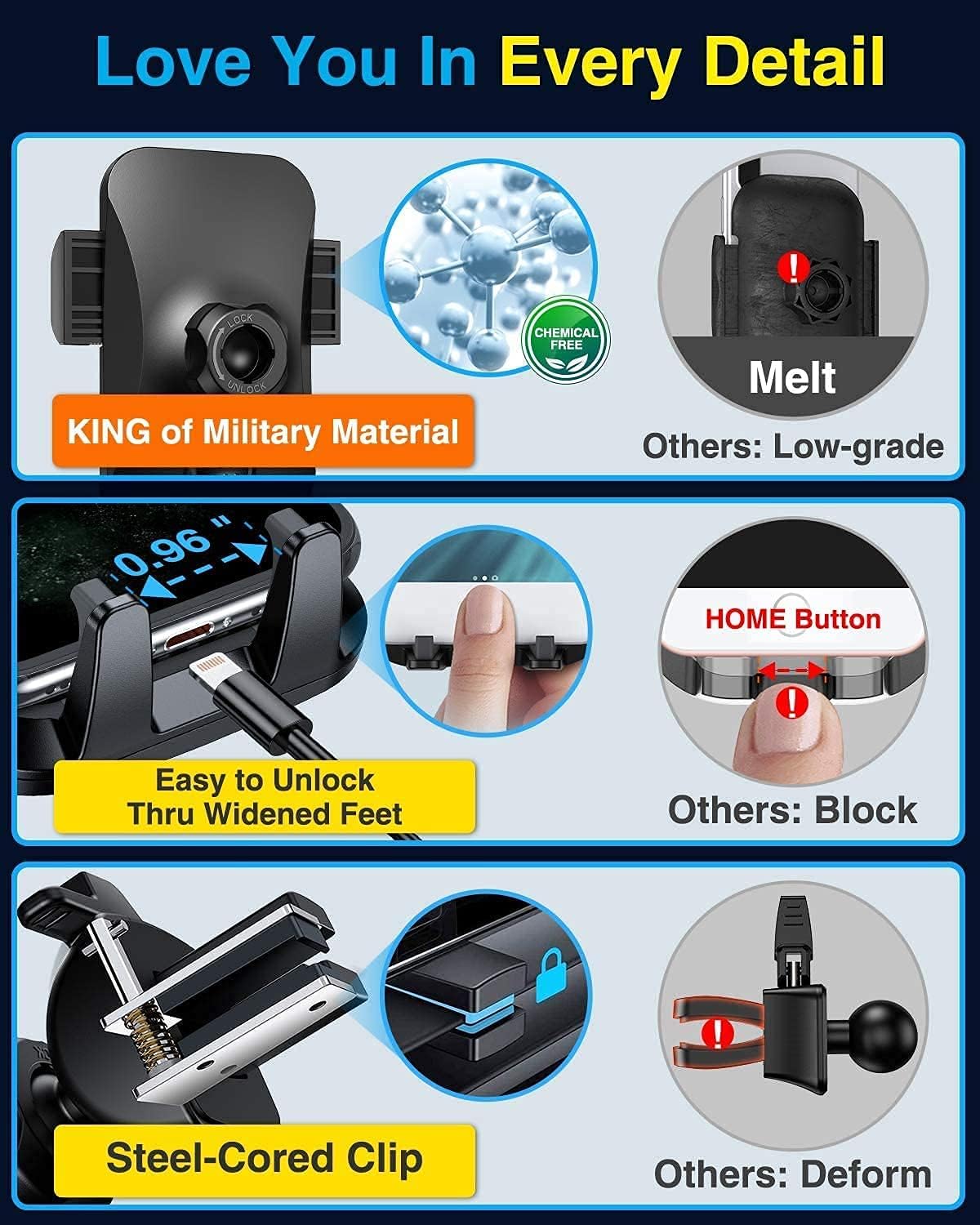 Car Phone Holder with Rotate Lock and Suction Cup - Dashboard Windscreen Vent Mount Universal Cradle