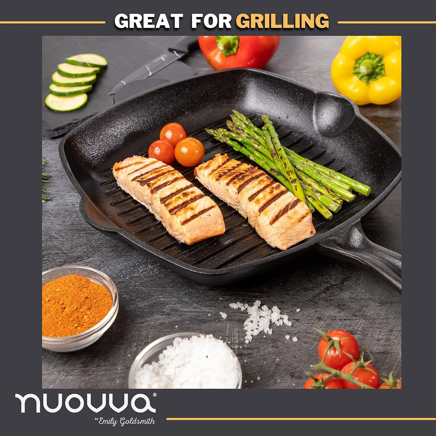 Pre-Seasoned Cast Iron Griddle Frying Pan - Square Enamelled Grill Pan - 28cm (Black)