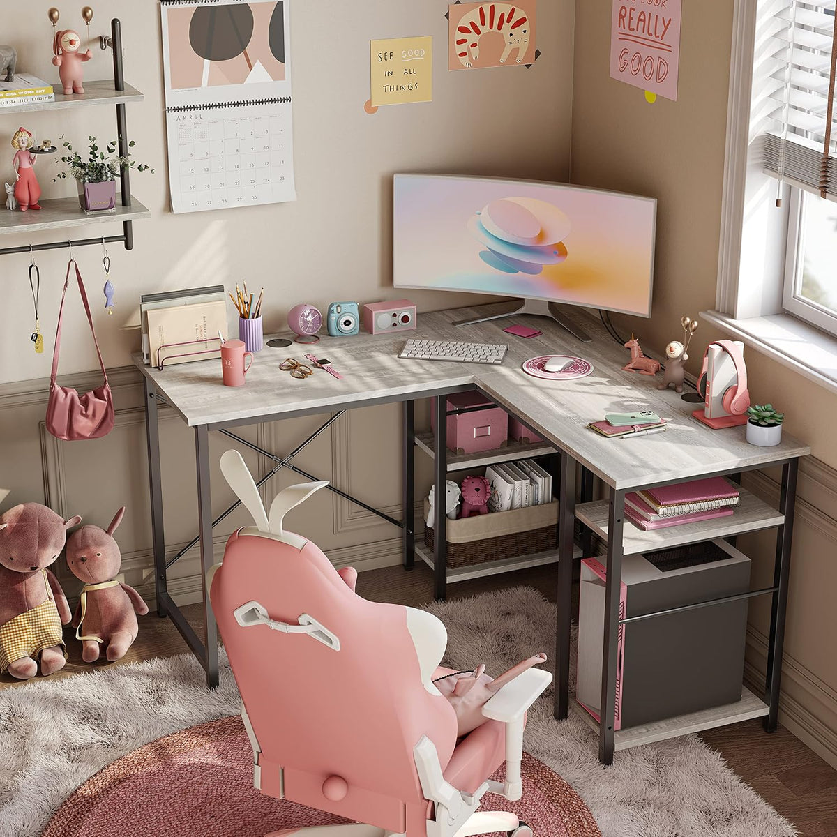 120CM Reversible L Shaped Corner Desk with Shelves