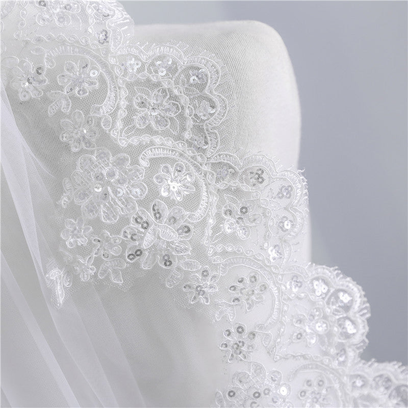 Sequined Short Wedding Veil, Soft Mesh Lace White Ivory Veil