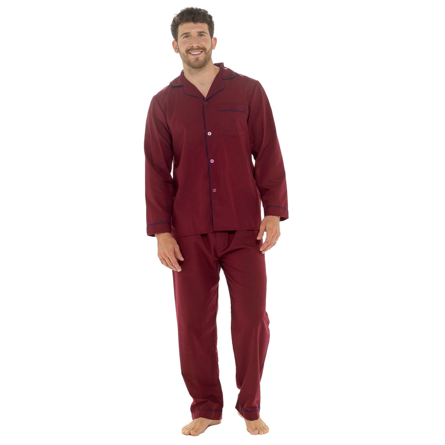 Men's Classic Red Woven Pyjama Set Long Sleeve Button Top & Bottoms Easy Care Nightwear Sleepwear by Sock Stack