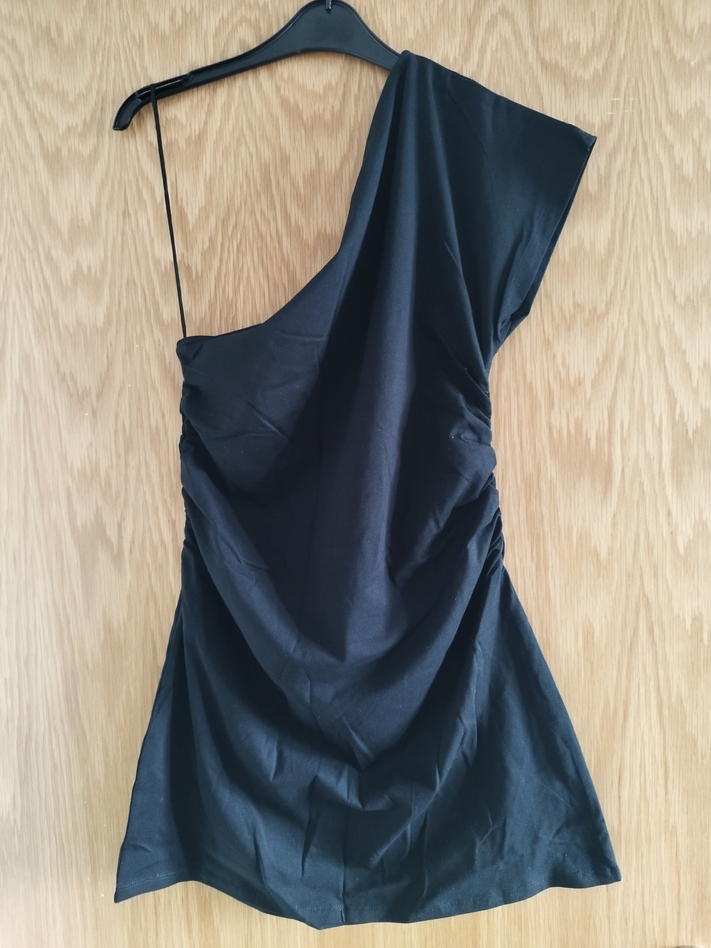 New Women's One Shoulder Black Ruched Side Mini Dress