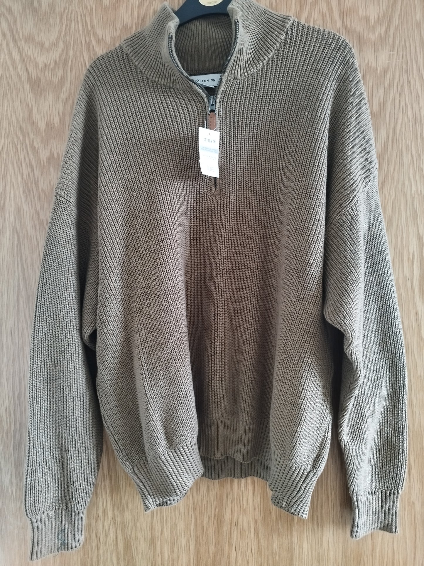 New Men's Tan Knitted Long Sleeve Polo Top