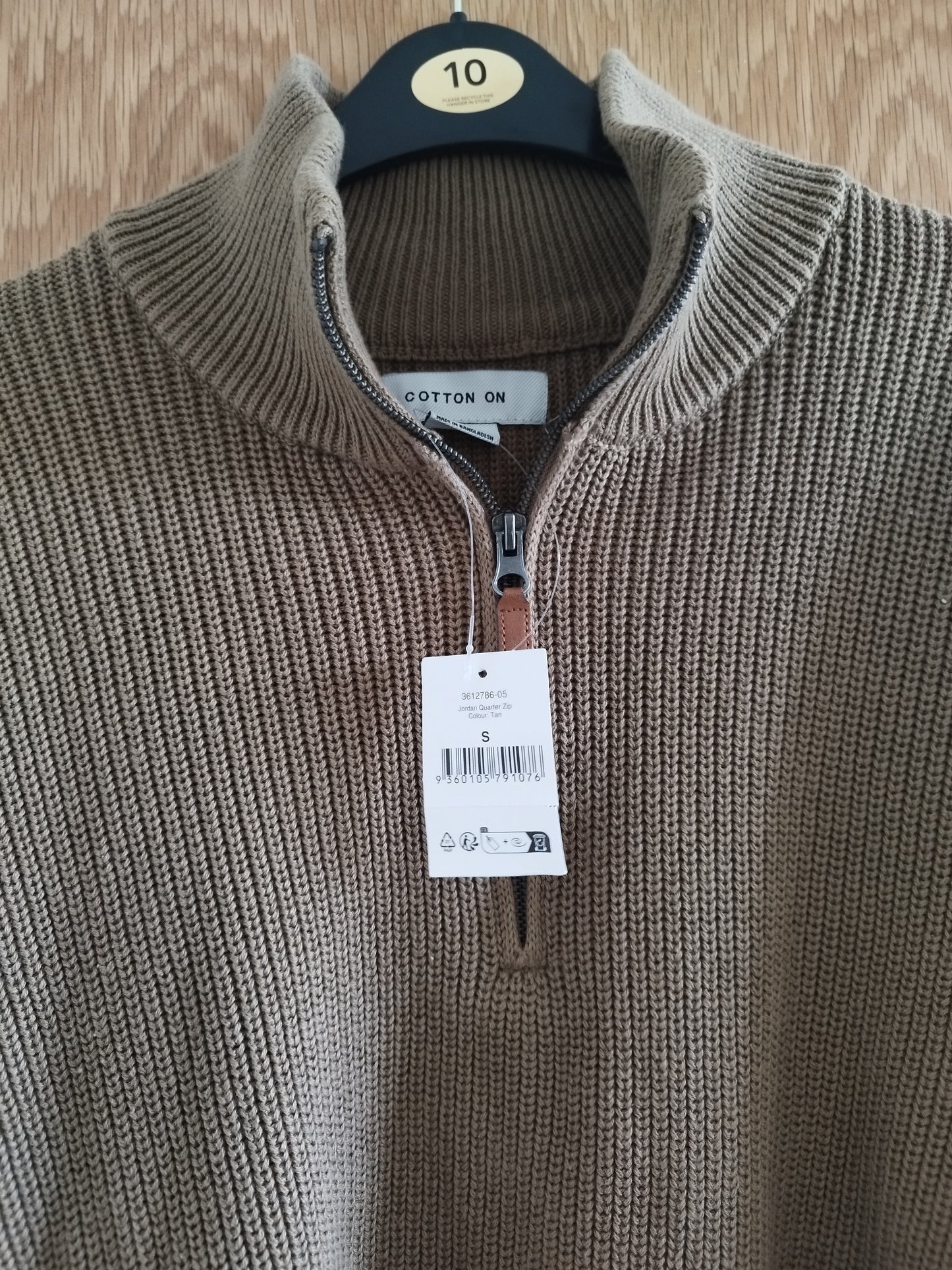 New Men's Tan Knitted Long Sleeve Polo Top