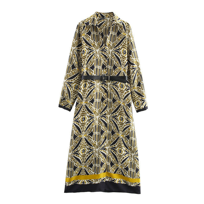 Fashionable Temperament With Belt Printed Long Sleeve Dress