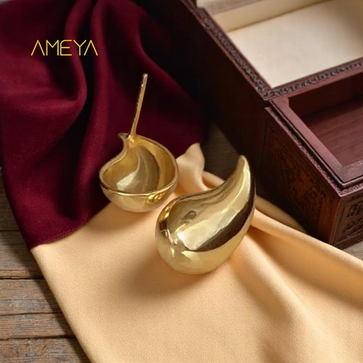 Ameya Teardrop Earrings, 18k Gold Plated, 925 Sterling Silver, Modern Design