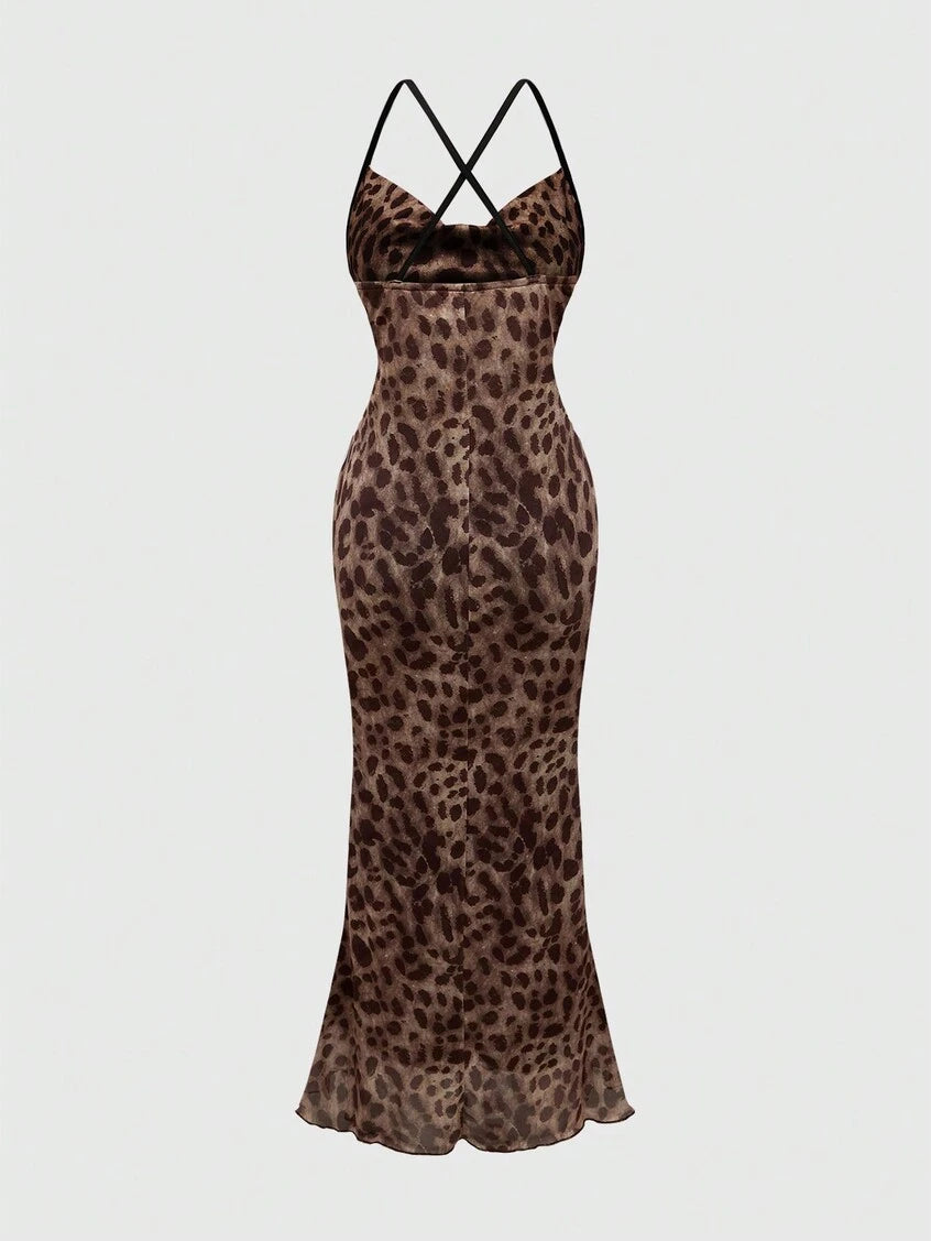 New Women's A-Line Leopard Cami Maxi Dress UK 8