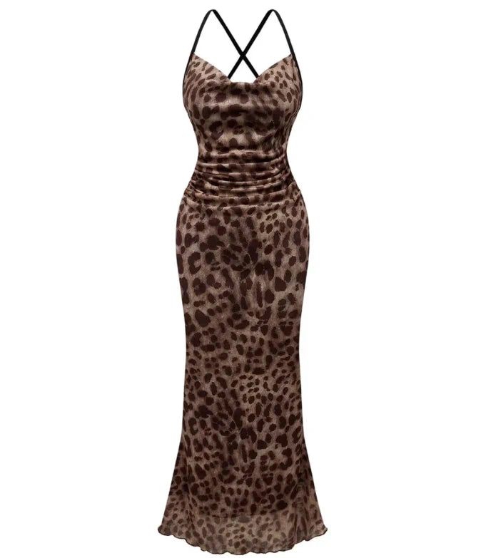 New Women's A-Line Leopard Cami Maxi Dress UK 8