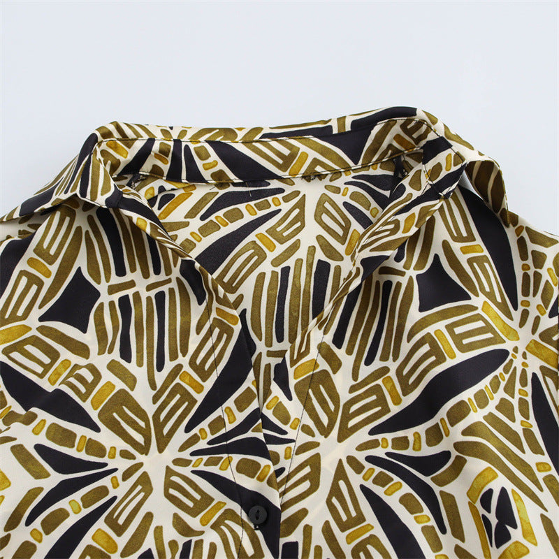 Fashionable Temperament With Belt Printed Long Sleeve Dress