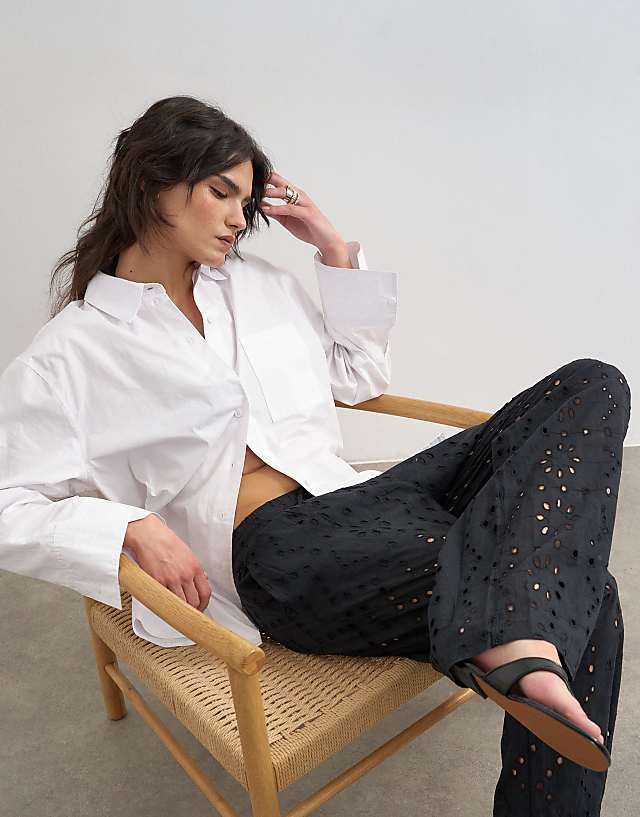 Broderie Cut Out Tie Waist Trousers Large