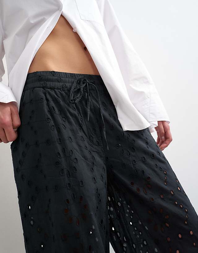 Broderie Cut Out Tie Waist Trousers Large