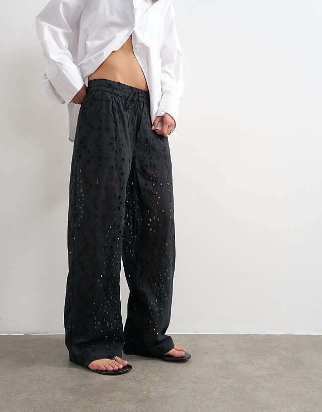 Broderie Cut Out Tie Waist Trousers Large