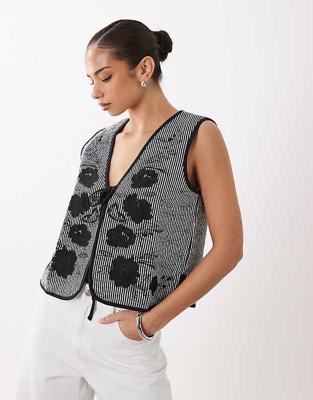 Quilted Stripe Waistcoat with Embroidered Floral
