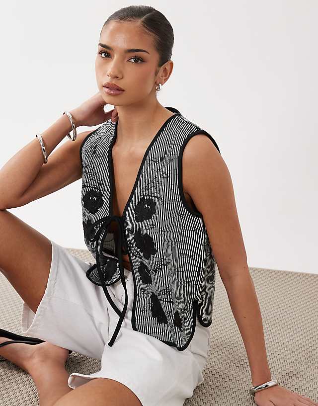 Quilted Stripe Waistcoat with Embroidered Floral