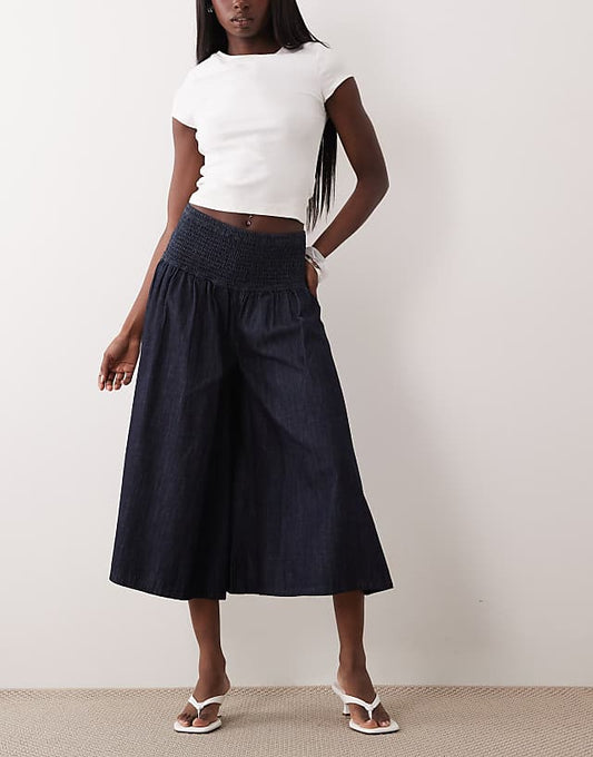 Denim Culotte Jeans with Shirred Waistband