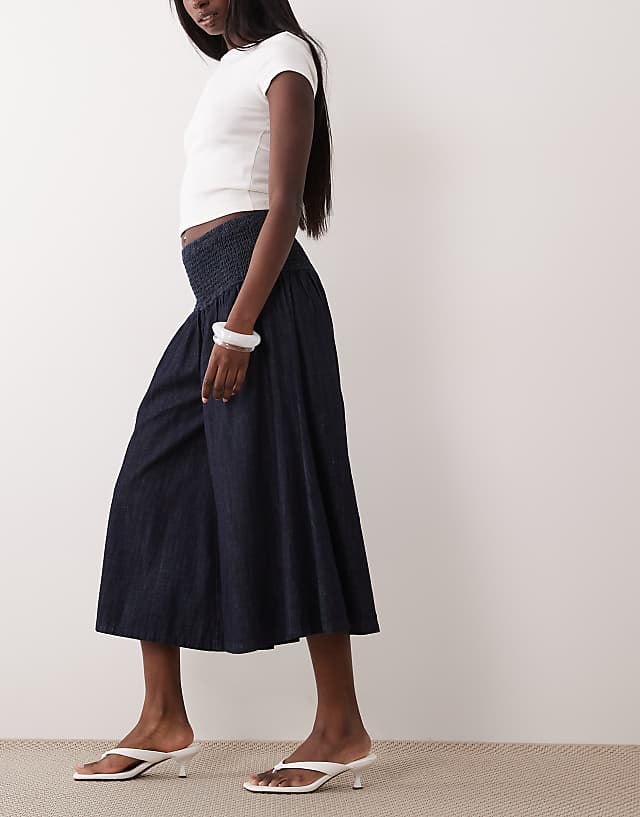 Denim Culotte Jeans with Shirred Waistband