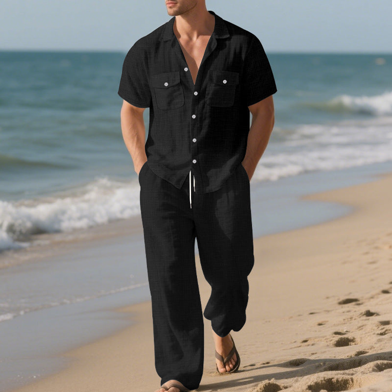 Men's Short Sleeve Shirt and Trousers, Beach Suit for Men