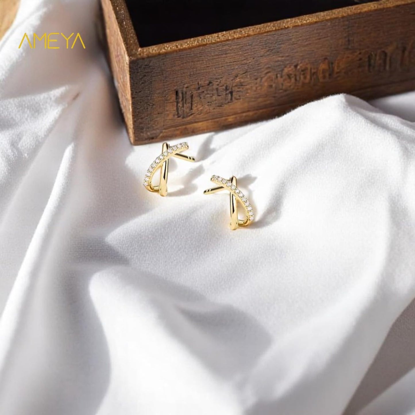 Ameya Gold Plated Cross Knot Stud Earrings, 925 Sterling Silver, Designer Crystal