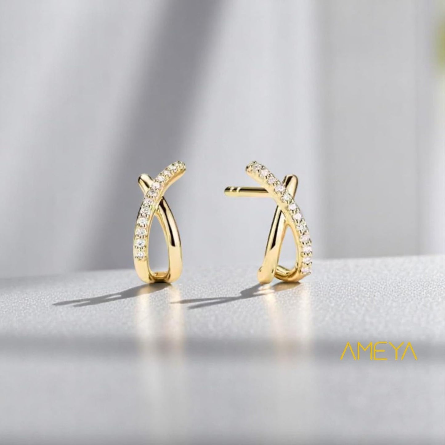 Ameya Gold Plated Cross Knot Stud Earrings, 925 Sterling Silver, Designer Crystal