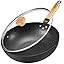 Nonstick Wok with Lid 30cm, Induction Wok Pan with Flat Bottom, 12inch Stir-Fry Pan and Non Stick Frying Pan, Removable Wooden Handle, Compatible All Stoves, Black (12421B)
