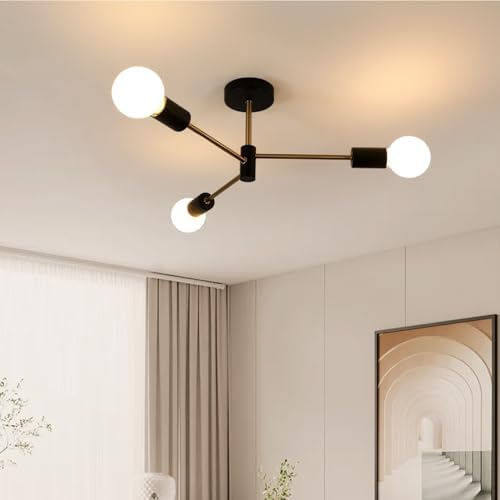 Sputnik Semi Flush Mount Ceiling Light, Black Golden Modern Chandelier with E27 Socket