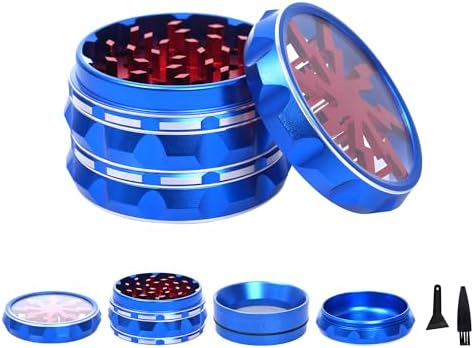 Clear Top Herb Grinder - Aluminium Spice Grinder with Pollen Scraper and Cleaning Brush