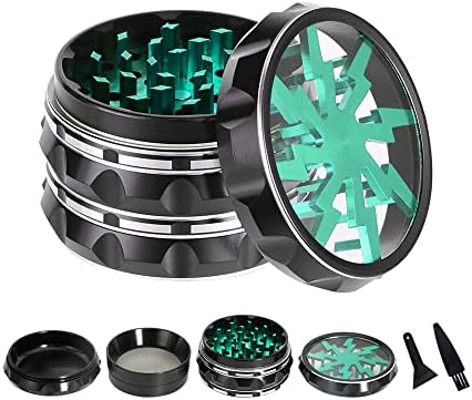 Clear Top Herb Grinder - Aluminium Spice Grinder with Pollen Scraper and Cleaning Brush