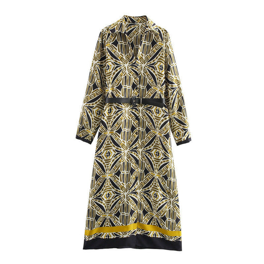 Fashionable Temperament With Belt Printed Long Sleeve Dress