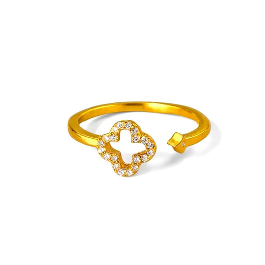 Ameya 18K Gold Plated Four-Leaf Clover Ring, Adjustable, Cubic Zirconia Crystal, Sterling Silver