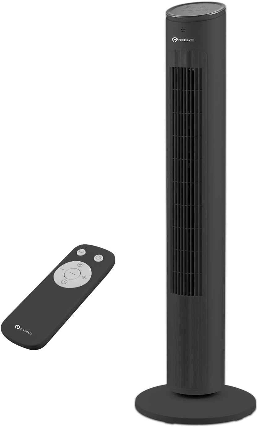 PureMate 43-inch Tower Fan, Oscillating Floor Fan with Remote Control, 3 Speeds Setting, LED Display, 7-Hour Timer, Powerful 40W Electric Standing Fan, Portable Quiet & Ideal for Bedroom