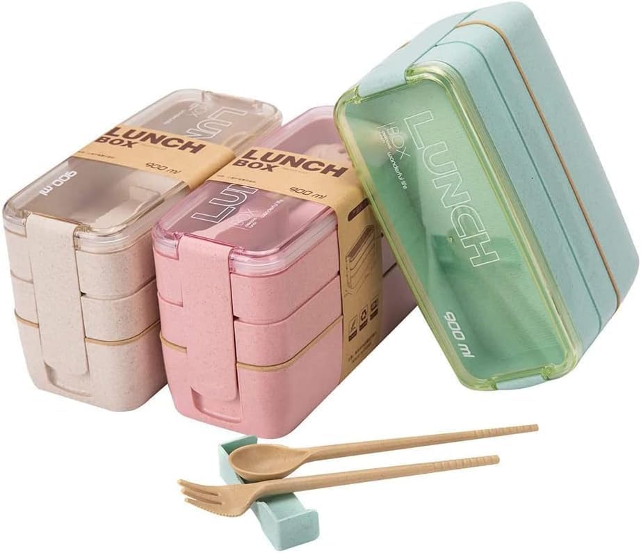 Bento Box with Cutlery Set | 3 Compartments Japanese Lunchbox | Portable, Leak Resistant, Dishwasher & Microwave Safe Lunch Container