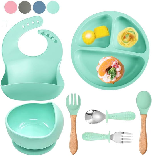 Baby Weaning Set, Silicone Suction Plate Baby, Suction Bowl, Spoon, Fork and Matching Bib - Super Detachable Suction Base Baby Feeding Set for Babies and Toddlers (Green)