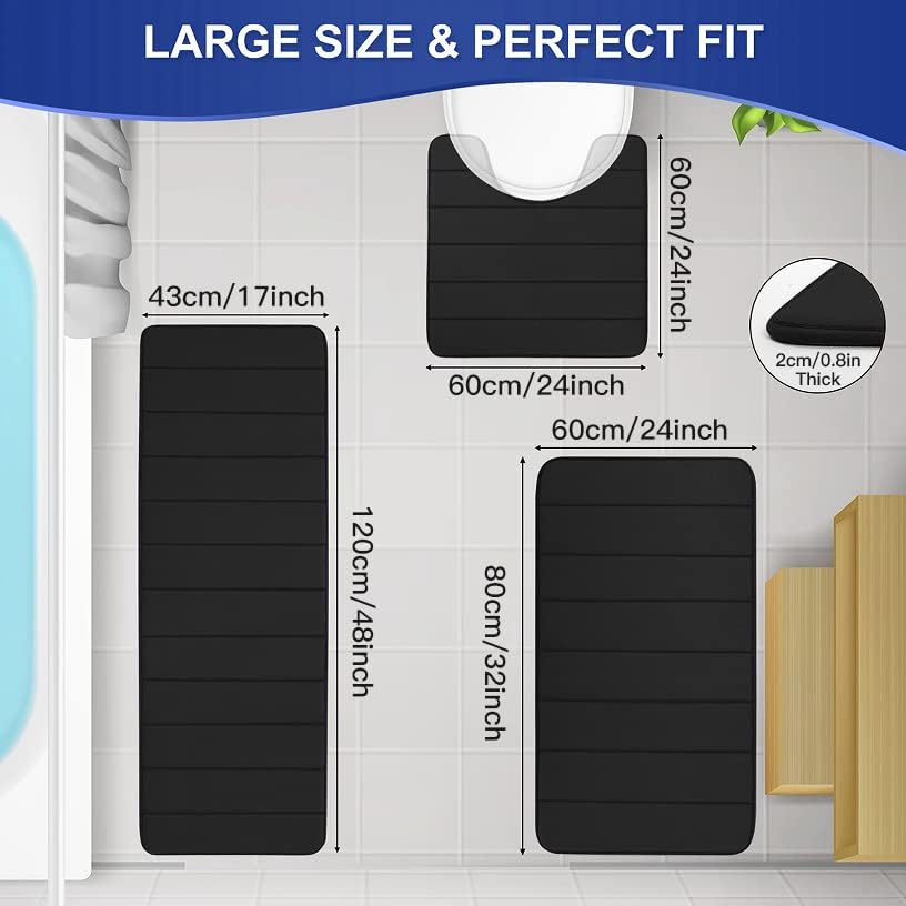 Bath Mat Set Ultra Soft Non Slip Memory Foam 3 Piece Bathroom Rug Super Absorbent Floor Mat Machine Wash Toilet Mat for Bathroom, Bedroom,Living Room (Black, 60 * 80+U60*60+43 * 120cm)