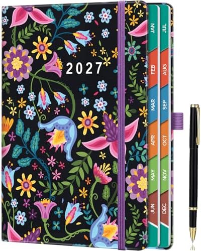 Page a Day Diary with Colorful Tabs, UK Holidays, Inner Pocket, and Pen Set - Blossom Dream