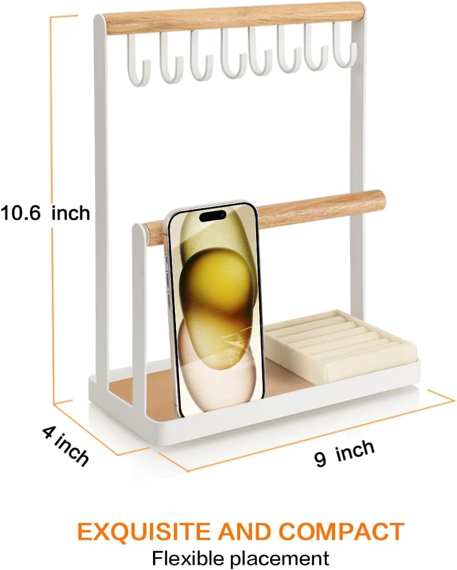 Jewelry Stand Holder, 3-Tier Necklace Hanging Wooden Ring Organizer Earring Tray, 8 Hooks Storage Necklaces, Bracelets, Rings and Watches on Desk Tabletop