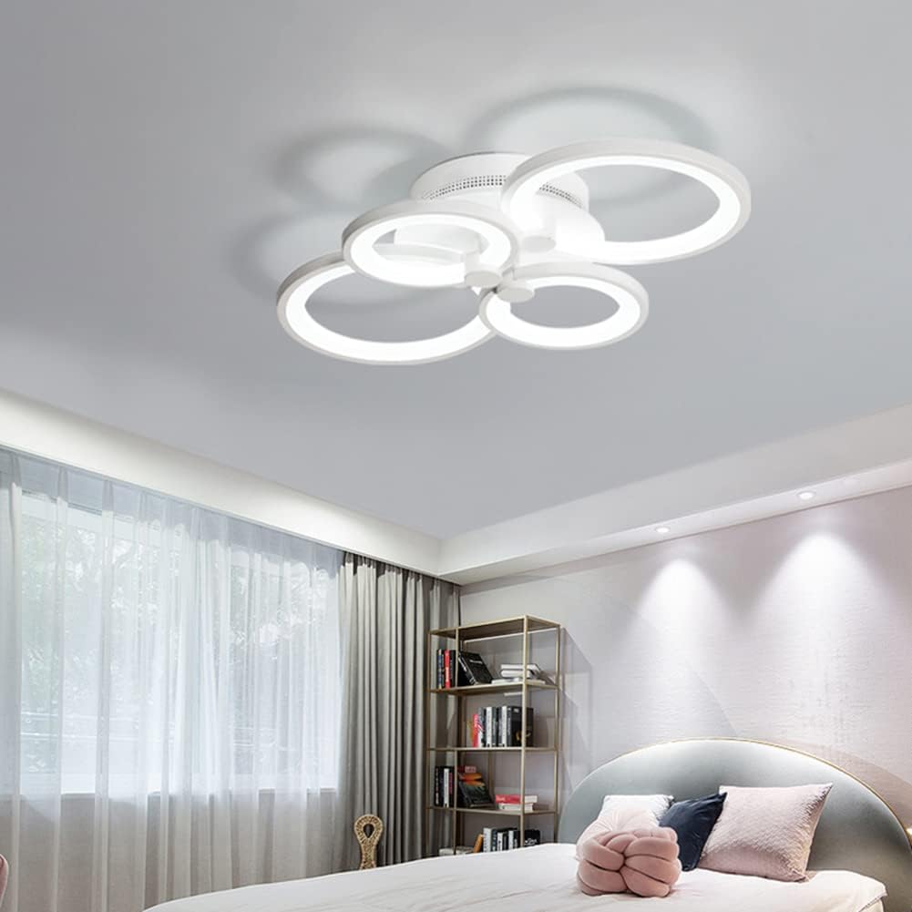 Modern LED Ceiling Light, Flush Mount Lighting Fixture with 4 White Rings, Acrylic Chandelier Lamp for Living Room, Bedroom