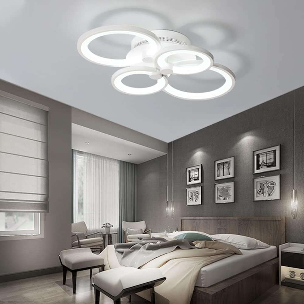 Modern LED Ceiling Light, Flush Mount Lighting Fixture with 4 White Rings, Acrylic Chandelier Lamp for Living Room, Bedroom