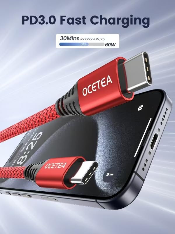 2M USB C Charger Cable - 3.1A Fast Charge for iPhone 15/15 Pro Max, MacBook Pro, iPad Pro, Galaxy S23/S24, Pixel