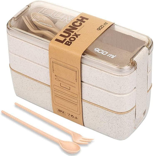 Bento Box with Cutlery Set | 3 Compartments Japanese Lunchbox | Portable, Leak Resistant, Dishwasher & Microwave Safe Lunch Container