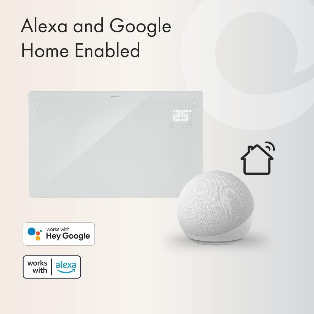 Wifi Enabled Smart Electric Glass Panel Heater 2000W | Alexa Heating Control, Open Window Detection, Wall Mounted