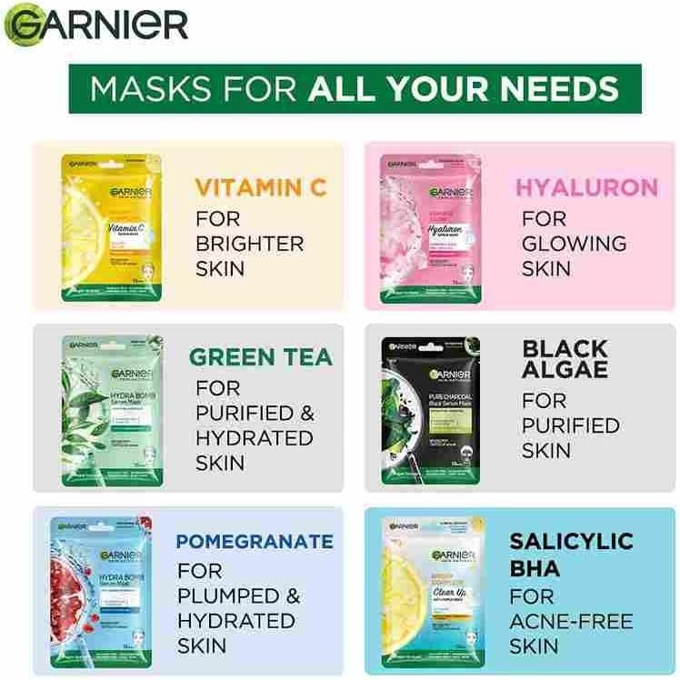 Skin Naturals, Garnier Face Serum Sheet Mask, Pack of 5 (Light Complete, Sakura, Blue, Green Tea, Charcoal)