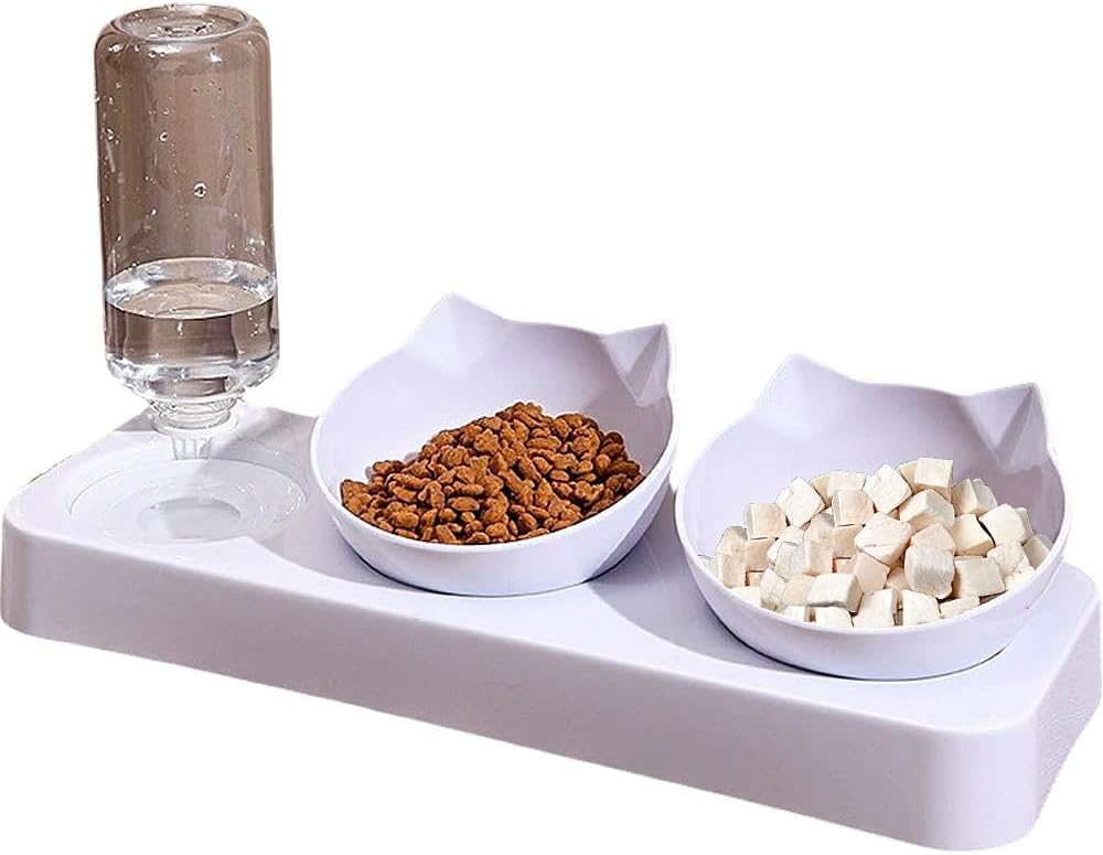 3-In-1 Cat Food And Water Bowl Set, Cat Bowls with Stand, Double Cat Bowls with Water Dispenser, Food And Water Feeder for Small Medium Dogs Cats