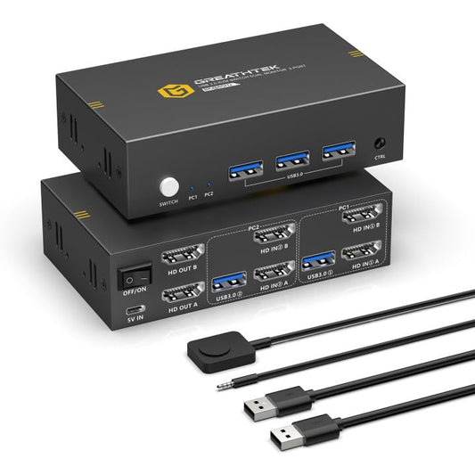8K@60Hz HDMI KVM Switch 2 PC 2 Monitors Supports Copying and Extending the Display, Switches Dual Monitors Compatible with Multiple Devices,With Desktop Controller